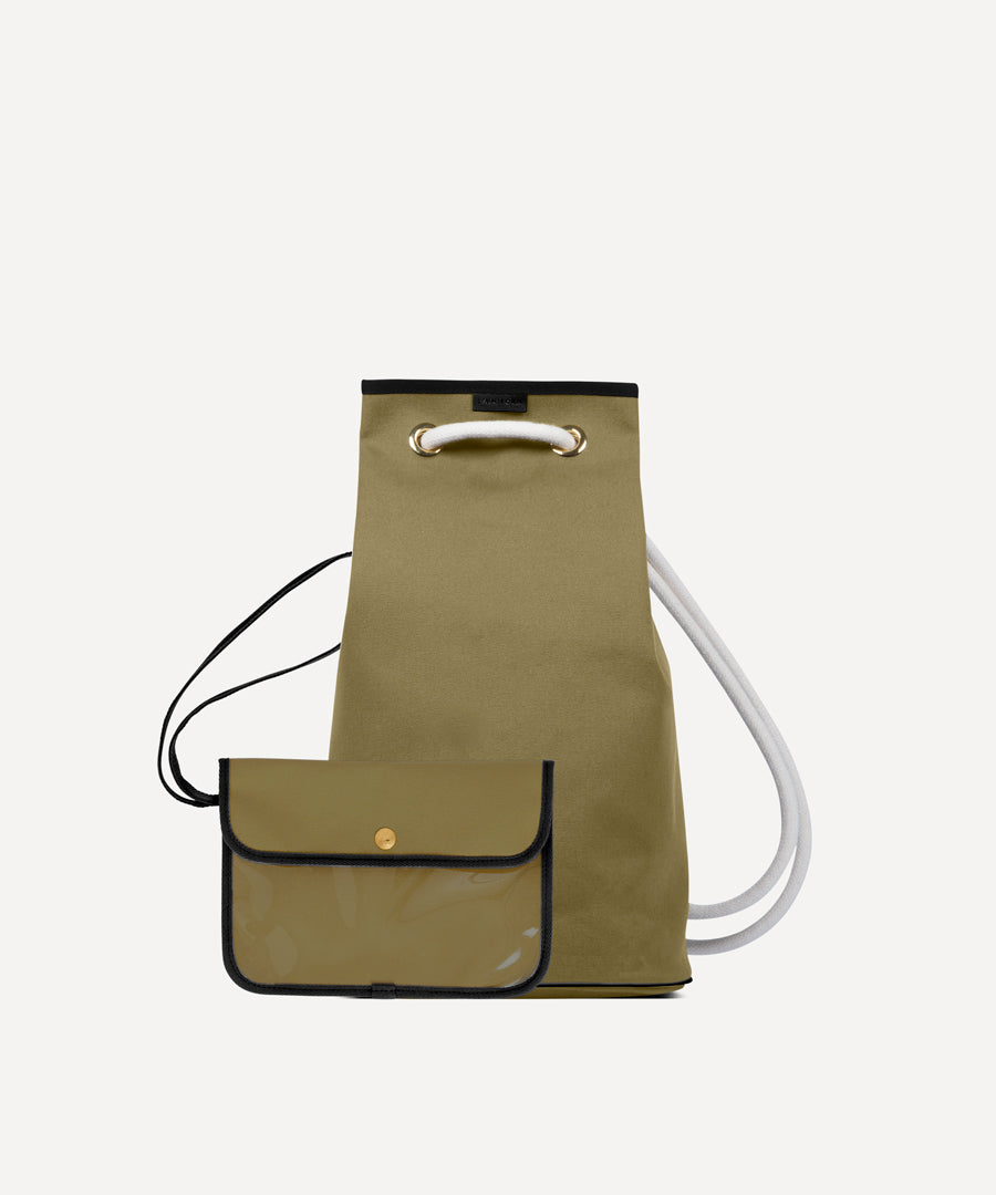 Sac le Postier L/UNIFORM en toile kaki et noir vue face avec pochette