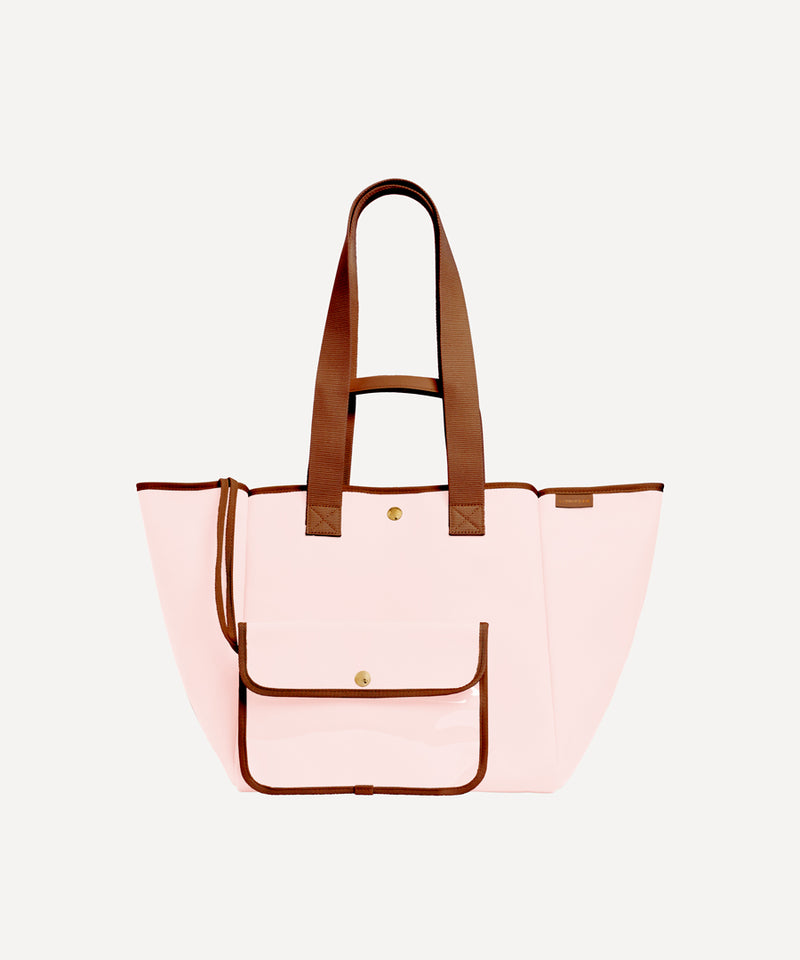 Le Sac à Gâteau L/UNIFORM en toile rose et marron vue de face avec pochette